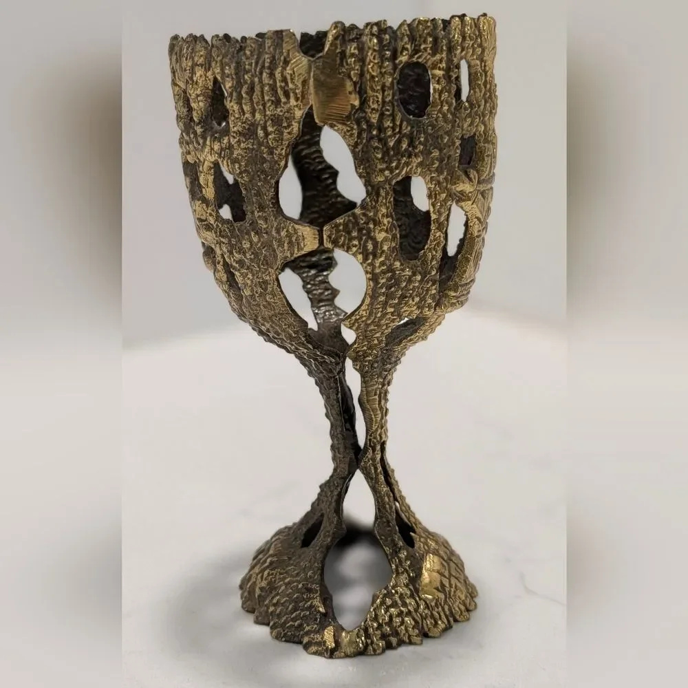 Vintage Judaica Kiddush Cup Brass Hebrew Grape Vine Openwork Goblet Shabbat